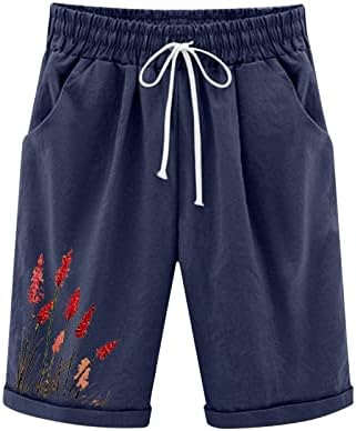 Shorts de linho de algodão feminino Casual Cintura elástica shorts de cordão de verão Bermudas de impressão floral Bermudas