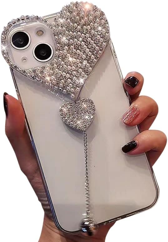 BFEW GLITTER Diamond Heart com caixa de corrente compatível com iPhone 14 Pro Max 6.7, Bling Sparkle Crystal Rhinestone Love Pingente