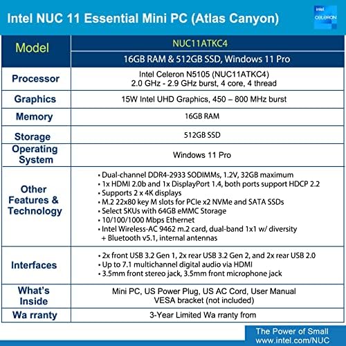 Intel nuc 11 nuc11atkc4 Atlas Canyon Mini PC, Intel Celeron N5105, 2,0 GHz - 2,9 GHz Burst, 4 núcleo, 4 Thread, gráficos