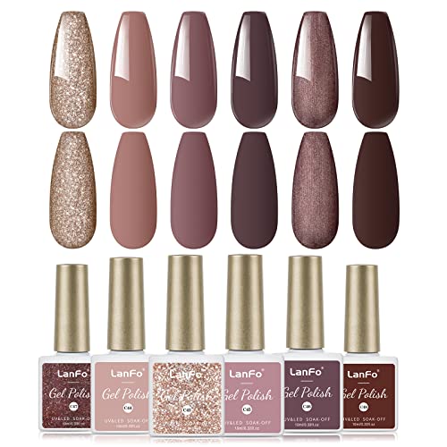 Lanfo 6 cores Kit de esmalte em gel, 10 ml marrom nude de café neutro colorido em gel de gel de outono inverno glitter skin