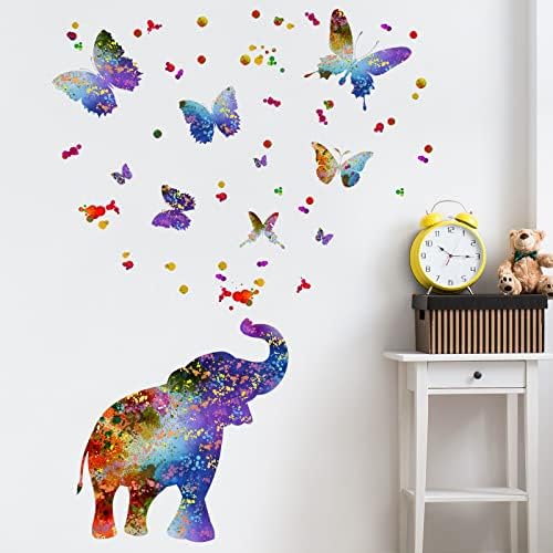 Decalques de parede de elefante colorido criativos Decalques de aquarela Dots Butterfly Adesivos de parede Diy Pintura removível Tinta Elefante Decoração de parede para crianças Decoração de berçário da sala de meninas Decoração DT-093