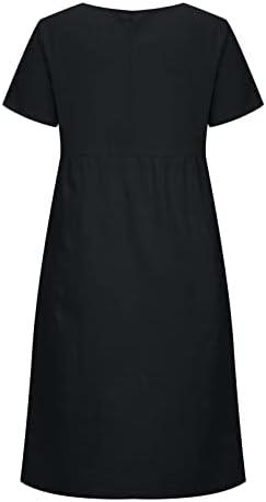 Vestido de linho de algodão curto de cor do pescoço da moda de verão feminina de verão feminino com bolso de tamanho grande