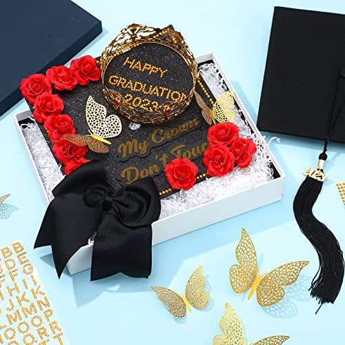 Crowye 50 PCs Cap de graduação Kit de decoração 2023 Chapéu de graduação Coroa arco de costas lisadas letra de glitter dourado e adesivos de número
