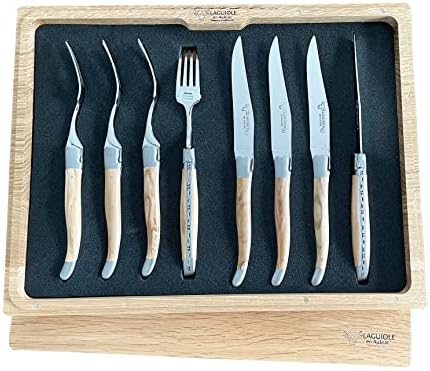 LAGUIOLE EN AUBRAC Luxo de 8 peças com 4 facas de bife totalmente forjadas e 4 garfos com maçanetas de Olivewood, reforçadores
