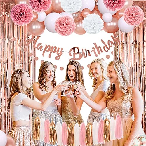 Decorações de festa de aniversário rosa rosa rosa, banner de feliz aniversário, decorações de festa de ouro rosa para mulheres,