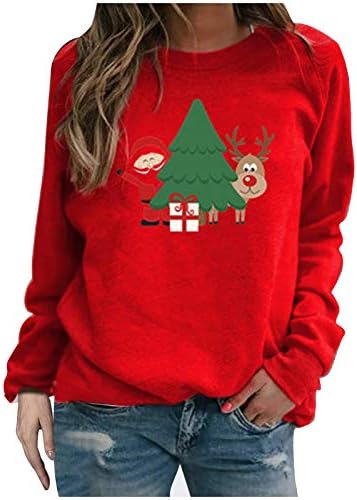 Smallyin Christmas Print Women Mulheres de manga comprida solta Sweatershirt Pullover Top Red