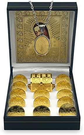 Genérico NH 24K Gold Bated Wedding Unity Coins com vitrine e colar decorativos, caixa de tesouro, lembranças clássicas de cerimônia de Arras, belo conjunto de presentes matrimoniales