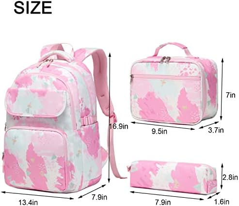 Rexmore Kids Backpack for Girls, 3 PCs Conjunto de livros elementar Bolsa à prova d'água com bolsos e compartimento multi -bolsos, rosa