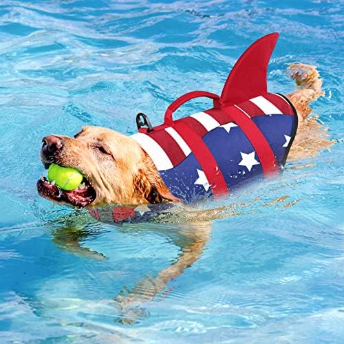 Malier Dog Life Jacket, Ripstop American Flag Dog Vidas Vida para Nada de Natação, Capinho de Vida de Shark Shark de cachorro com maiô de alta flutuação para pequenos cães médios e grandes
