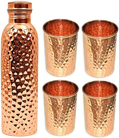 TreeGoart Pure Copper 1000 ml de garrafa de água com 4 conjunto de bebidas de vidro de cobre