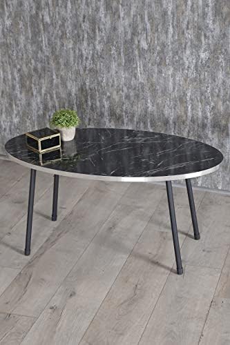 Mesa de café em mármore preto com pernas de metal, mesa de café redonda de estilo moderno para sala de estar, mesa lateral
