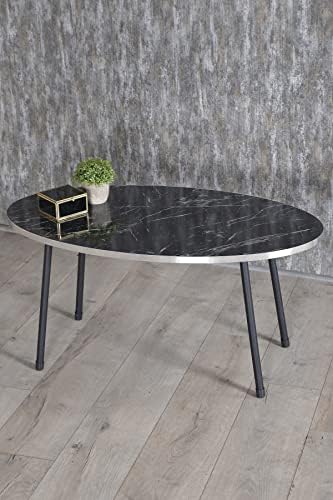 Mesa de café em mármore preto com pernas de metal, mesa de café redonda de estilo moderno para sala de estar, mesa lateral oval-rodada moderna, mesas de café para sala de estar, mesa de sotaque, mesa central para sala de estar