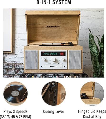 Crosley CR7018A-NA HAYDN 3 velocidades giratórias com Bluetooth, AM/FM Radio, CD/cassete player e Aux-in, natural