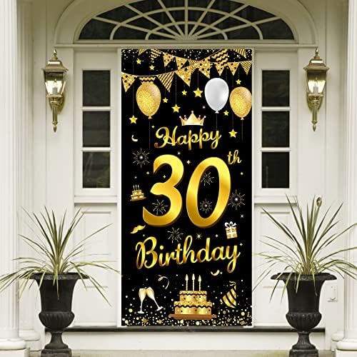 Banner de 30 anos, 30º aniversário Decorações de festas de ouro preto Cenário e banner de portas para homens e mulheres, decoração