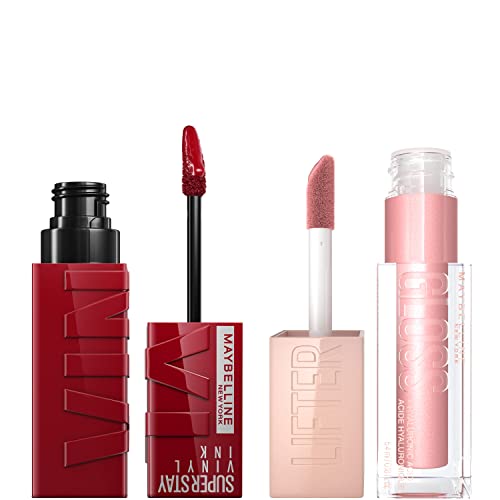 Maybelline Super Stay VinyL Ink, Lippy, Cranberry Red Lipstick + Maybelline Lifter Gloss, Opal, pacote neutro rosa