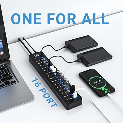 ATOLLA USB HUB 3.0 Powered, 16 portas Splitter de hub de dados USB com interruptores de ativação/desativação individuais e adaptador