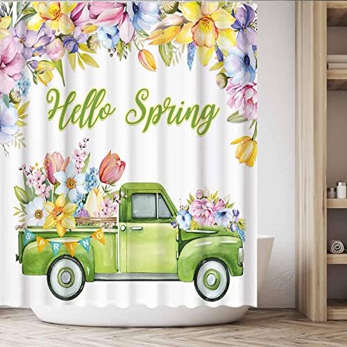 Allenjoy 72 x 72 Hello Spring Truck Shower Curtain para banheiro conjunto de aquarela de páscoa colorida floral floral banheira
