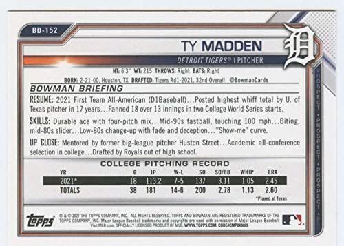 2021 Bowman Draft BD-152 Ty Madden RC ROOKIE Detroit Tigers MLB Baseball Trading Card