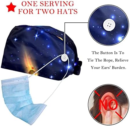 2 peças UNISSISEX BOUFFANT CAPS com botões Back Back com faixa de suor para homens, Space Galaxy Universe Planets