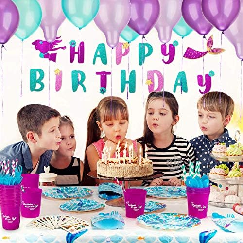 Mermaid Birthday Party Supplies and Decorations Kit - 12 favores de sacos de presente, pratos de papel, tatuagens, guardana