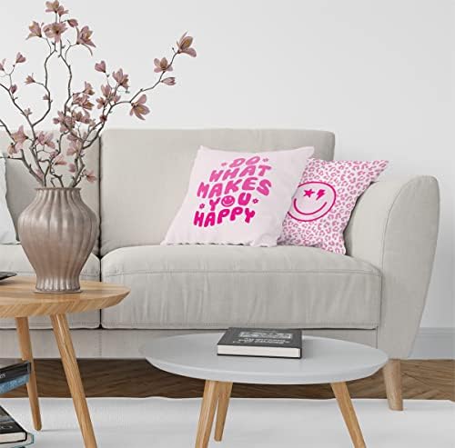 Honlung Hot Pink Preppy Smiley Face Throw Pillow Capas, faça o que faz você feliz inspirações de travesseiros de arremesso de arremesso 18 x18 conjunto de 2 para casa de garotas de garotas de garotas de escritório sofá decoração de cama, presentes para meninas adolescentes