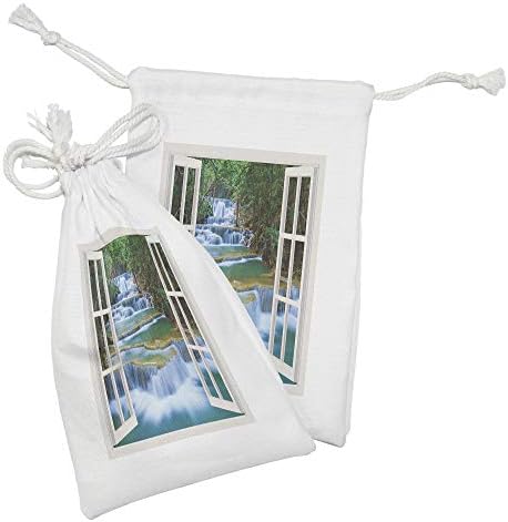 Conjunto de bolsas de tecido paisagístico de Ambesonne de 2, janela aberta para o rio que flui dentro de uma floresta com árvores de primavera, pequenas bolsas de cordão para máscaras e favores de higiene pessoal, 9 x 6, multicolor