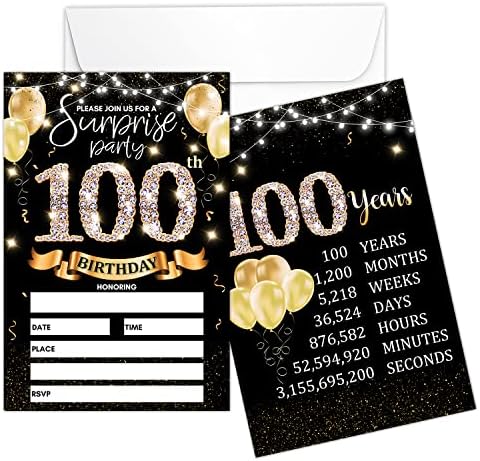 Cartão de convite de festa de 100º aniversário - Convites de ouro preto com a impressão de placas de aniversário nas costas Convites de preenchimento duplo -lados - 20 cartões com envelopes para favores de festa - SRGOLD -A10