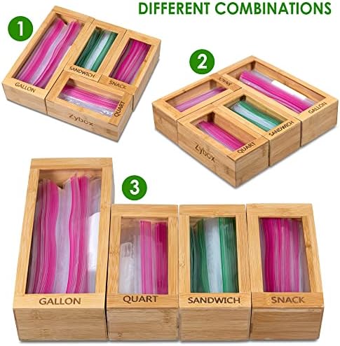 Organizador de bolsa de ziplock de bambu para gaveta de cozinha organizadores de 4 peças e armazenamento de armazenamento