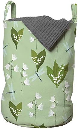 Bolsa de lavanderia floral de Ambesonne, design de libélulas e campanula flores da natureza selvagem, cesta de cesto com alças fechamento de cordão para lavanderias, 13 x 19, verde pálido azul pálido