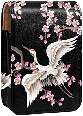 Caixa de batom de Guerrotkr, organizador de batom de Blush Lip Gloss de couro com espelho, Mini Lipstick Suport Saco, Animal Bird Crane Pink Flor Black Padrão