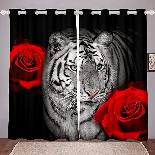 Projeto de tigre branco Junta jovem cortina 3D Tiger assistindo Floral Style Kitchen Window Treatments 84wx63l polegadas