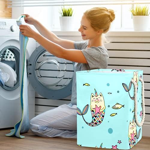 Deyya Cestas de lavanderia impermeabilizadas altas altas cáes de sereia dobrável de gato cesto de estampa azul para crianças adultas