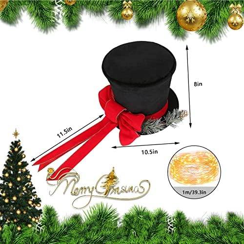 Chapéu de capa de capa de árvore de natal, grande chapéu de derby de boliche de veludo preto com pinheiros de pinheiro arco de xmas de xmas vermelho ornamentos para desktop para decorações de casas de Natal