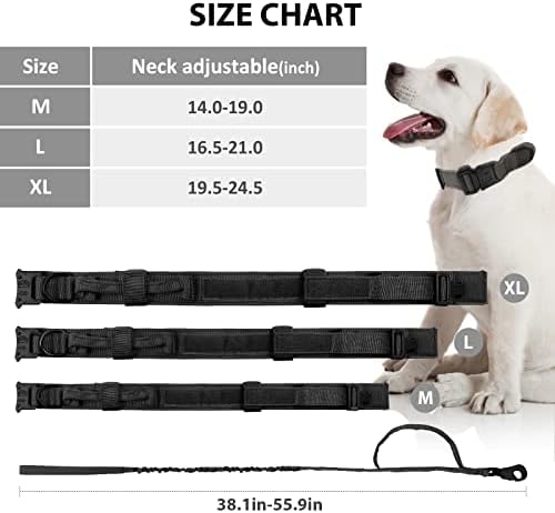 Colar de cachorro tático e coleira conjunto de nylon militar ajustável colarinho de cachorro com controle de fivela de metal pesado e coleira de bungee para treinamento de cães