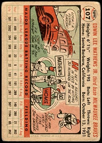 1956 Topps 107 WHT Eddie Mathews Milwaukee Braves Fair Braves