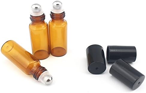 Recipiente de garrafas de garrafas de rolos de vidro âmbar de 5 ml com bola de metal para óleo essencial, aromaterapia, perfumes e protetores labiais