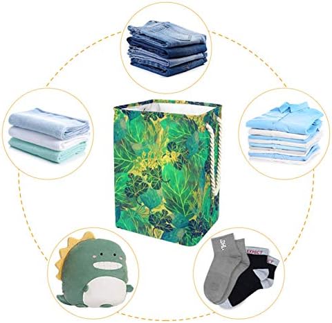 Padrão de folha verde tropical Indomer grande cesto de roupa prejudicial à prova d'água de roupas de roupas prejudiciais para o organizador de brinquedos de roupas, decoração para quarto, banheiro, lavanderia