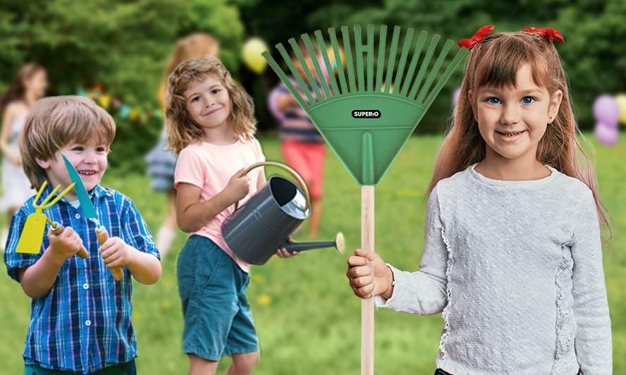 Superio Kids Bate com maçaneta de madeira, cabeça de plástico durável para varrer folhas no gramado e arrumar o jardim, verde,