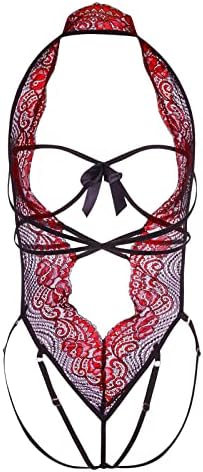 Mulheres Halter Strappy Lace Teddy Bodycon Sexy Hold Lace Bow Rose Floral Lingerie Sheer Mesh Roupa de roupas de noite
