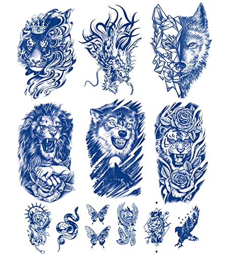 Tatuagens temporárias de animais de Padoun-12 folhas de adesivos semi-permanentes à prova d'água com designs de lobo, tigre,