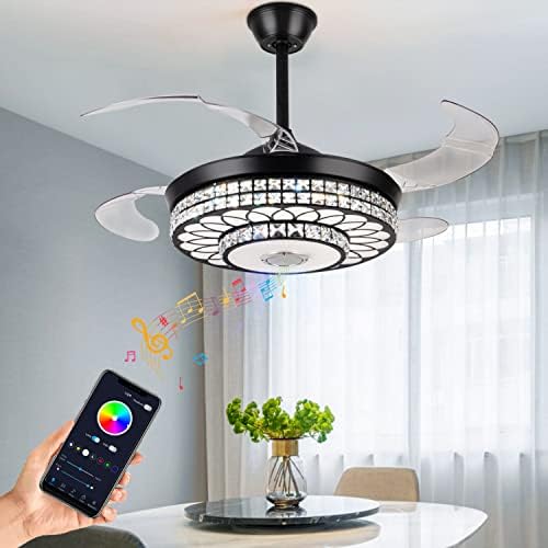 Ventilador de teto retrátil de 42 de 42 com alto alto -falante Bluetooth Crystal Modern teto Iluminação Fã remoto controle de ventilador