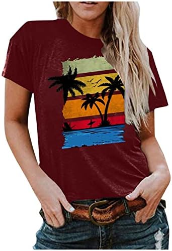 Camiseta de tinta de gravata de palmeira feminina camiseta tropical Tops Summer Beach Blusa gráfica de coco Tops de férias de primavera