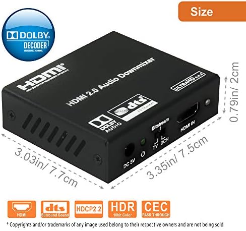 J-Tech Digital HDMI 2.0 Conversor de extrator de áudio com downmix compatível com decodificação digital Dolby 18Gbps 4K 60Hz + 1080p@120Hz + 1080p@144Hz + SPDIF + RCA HDCP 2.2 HDR10 [JTech-Exd2]
