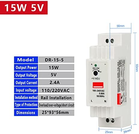 Suprimento de alimentação de troca de trilho DIN INDUSTRIAL UNCASO DR-15w Saída única 5V 12V 24V AC para DC Converter Power Switch 110/240VAC