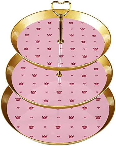Torre de suporte de cupcakes de plástico de 3 camadas com bandeja de porção em camadas, árvore de torre de cupcakes dourados, coroa rosa Coração amoroso Display de sobremesas para doces de donuts de frutas