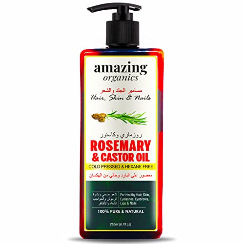 Amazingorganics Rosemary e óleo de mamona- de óleo de mamona sem ódio orgânicos puro para cabelos, pele, unhas,