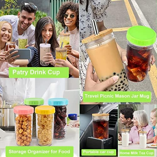 Pfileros 6set 24oz pedreiro bebendo copos de bebida com tampas de bambu, tampas pláticas e palha de copos de vidro reutilizáveis ​​transparentes para café gelado boba boba smoothie cerveja de lata de copo de vidro de vidro