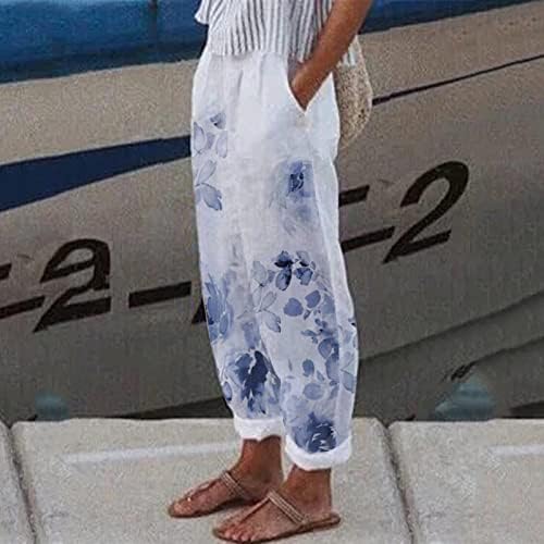 Calças de linho casuais para mulheres esportes de estampa de flores da moda Boho Capri calça de cintura elástica de perna larga de