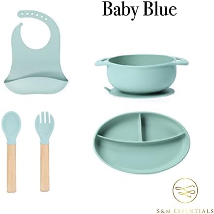Conjunto de alimentação S&M Baby/ Toddler - Conjunto de silicone de 5 peças - inclui babador, tigela de sucção, prato, garfo e colher - ótimo começo para liderar o desmame