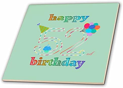 3drose feliz 52º aniversário, cupcake com vela, balões, chapéu, colorido - telhas